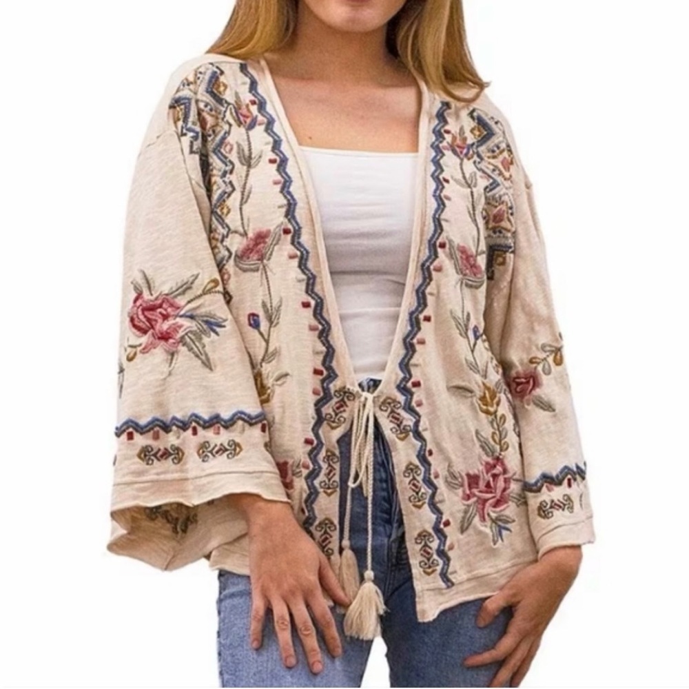 Karyn SEO Embroidered Beige kimono Cardigan Sweater, asymmetric oversized size S - Picture 15 of 15